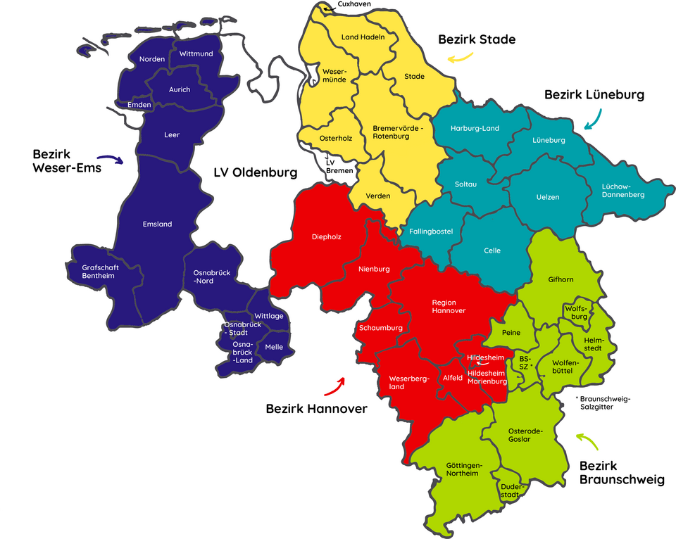 Eine Karte mit den Kreisverbänden und Bezirken im Jugendrotkreuz Niedersachsen