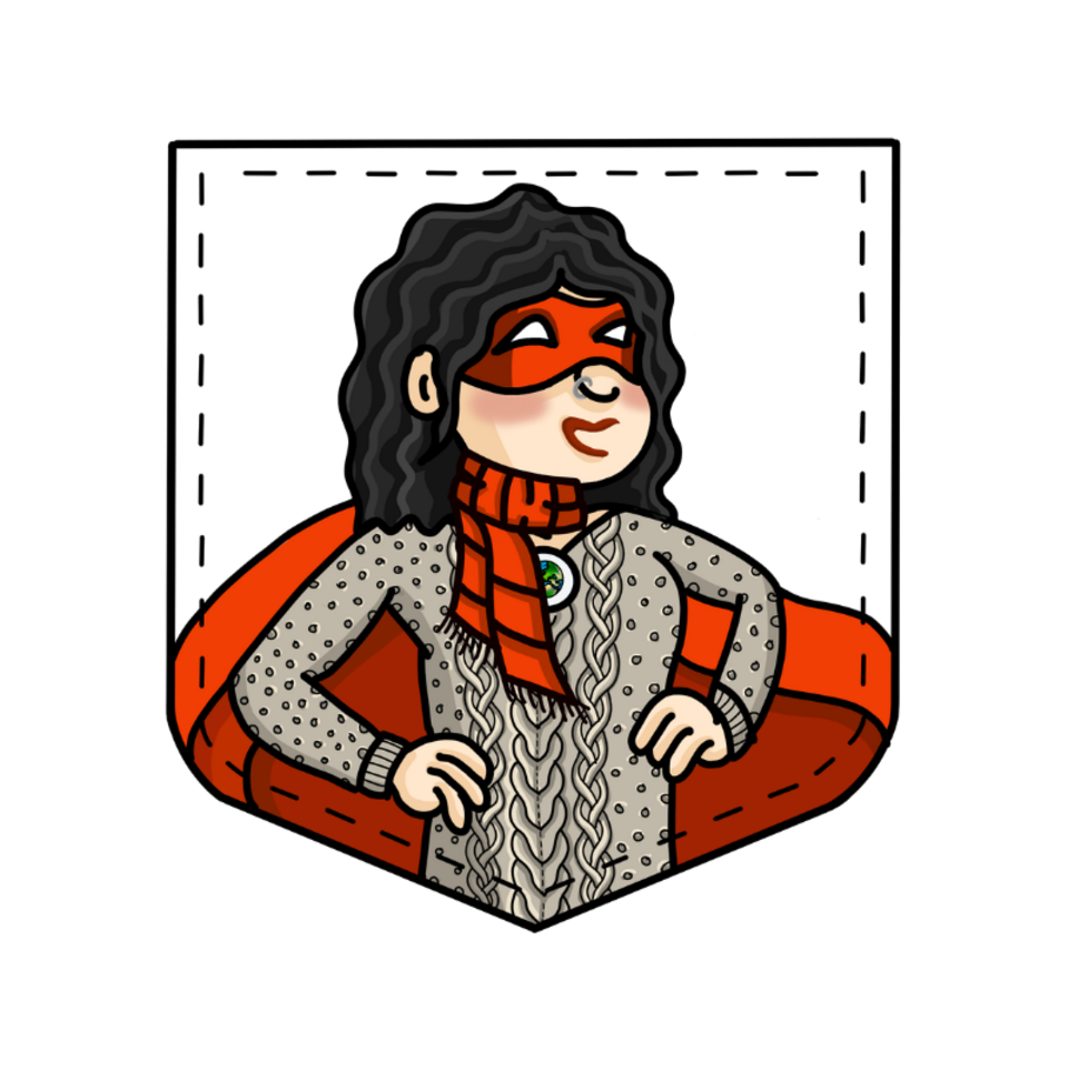 Comicfigur einer Jugendlichen mit lockigen dunklen Haaren. Sie trägt einen grauen Strickpullover, einen roten Schal, ein Held:innen Cape, eine rote Augenmaske und ein Medaillon.