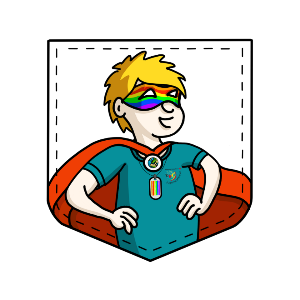 Comicfigur einer Jugendlichen mit kurzen blonden Haaren. Sie trägt ein petrolfarbenes T-Shirt mit JRK-Logo, eine Augenmaske in Regenbogen-farben, ein Held:innen Cape und ein Medaillon mit Regenbogen.
