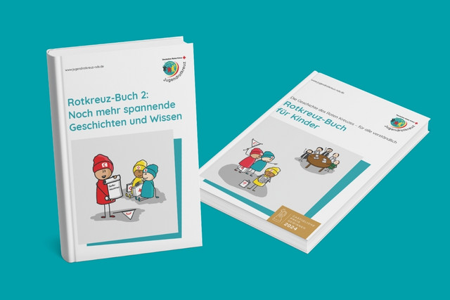 Die Cover der beiden Rotkreuz-Bücher mit den Held:innen Cross, Luna und Dia als Motiv.