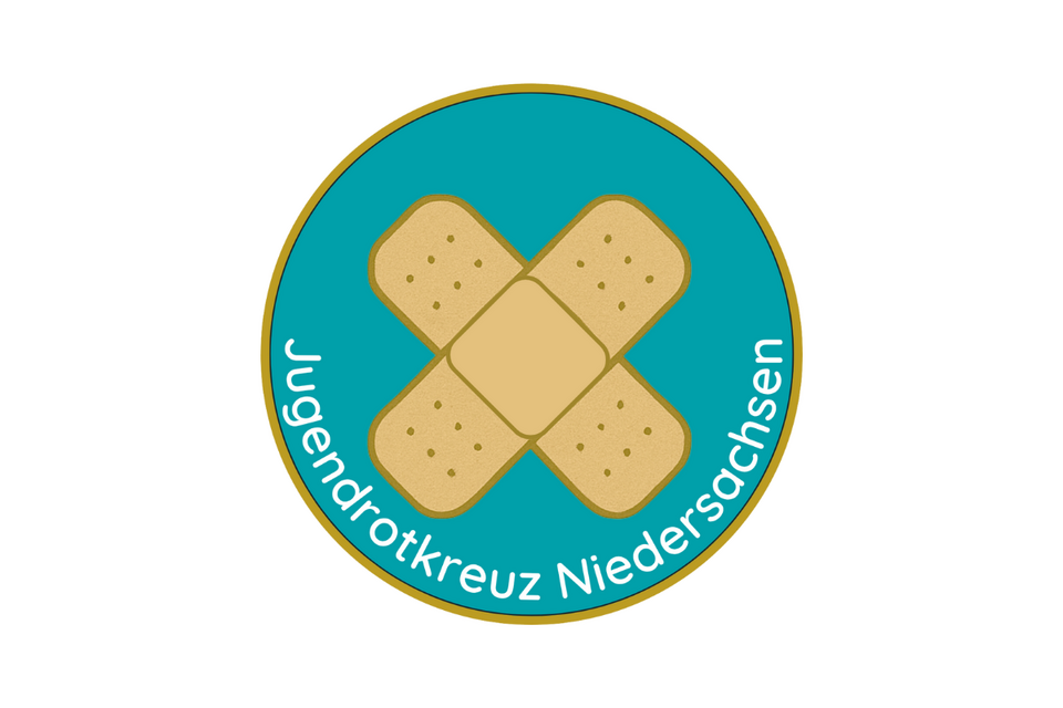 Pflasterabzeichen - Abschhnittsbild Das Pflasterabzeichen des Jugendrotkreuz Niedersachsen auf petrolfarbenem Hintergrund.