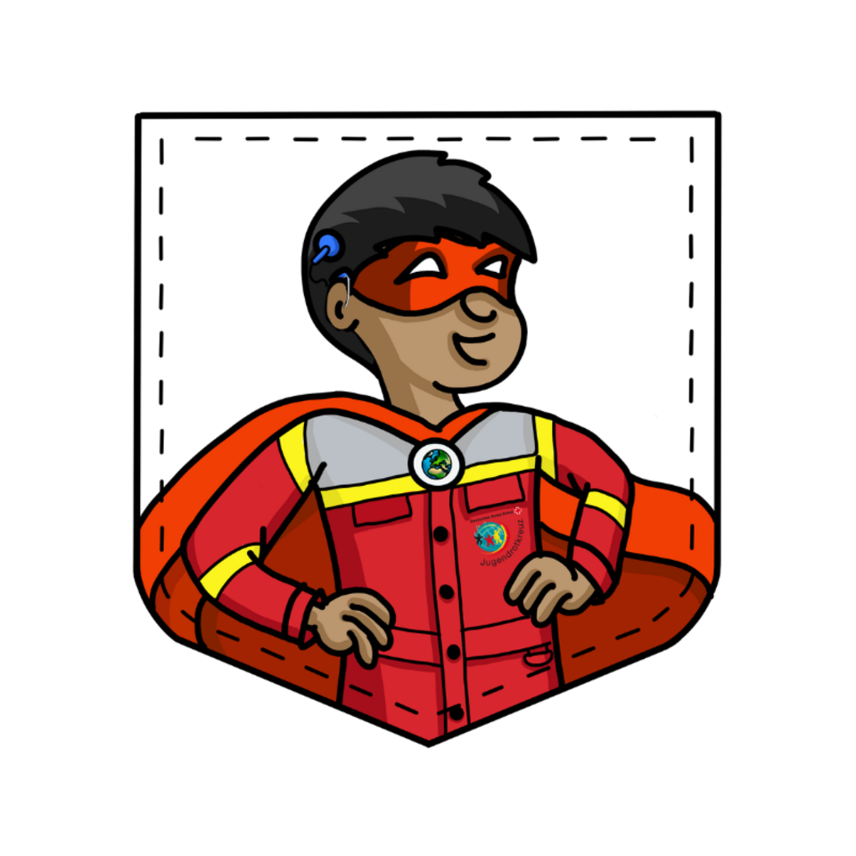 Comicfigur eines Jungen mit dunkler Haut und kurzen dunklen Haaren. Er trägt eine rote JRK-Jacke mit reflektierenden Streifen, ein Cape, eine rote Augenmaske und ein Hörgerät.