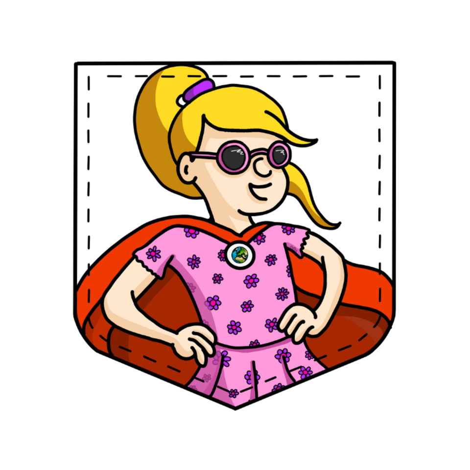 Comicfigur eines Mädchens mit blondem Pferdeschwanz und runder Sonnenbrille. Sie trägt ein rosafarbenes Kleid mit Blumenmuster, ein Held:innen Cape und ein Medaillon