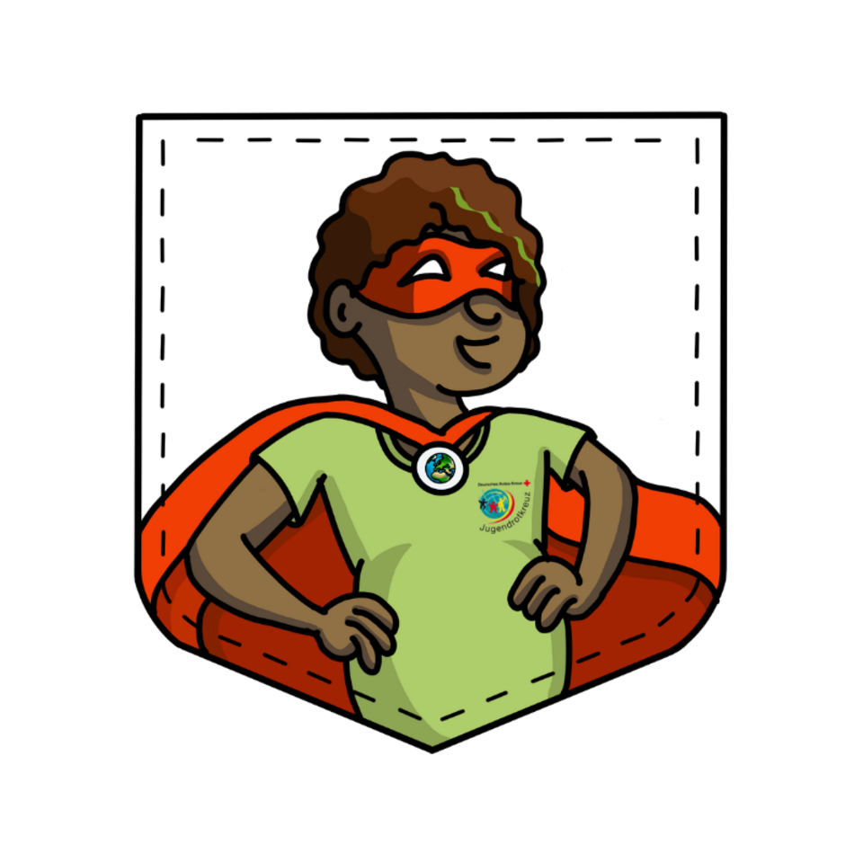 Comicfigur einer Frau mit kurzen lockigen Haaren. Sie trägt ein grünes T-Shirt mit JRK-Logo, eine rote Augenmaske, ein Held:innen Cape und ein Medaillon. Sie ist schwanger.