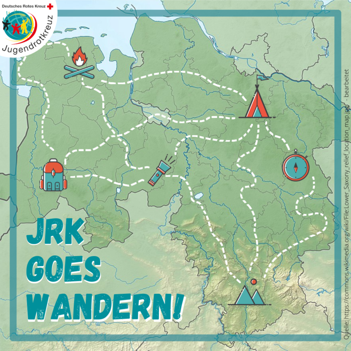 Eine Karte von Niedersachsen mit Wanderwegen. Schriftzug: JRK goes Wandern!