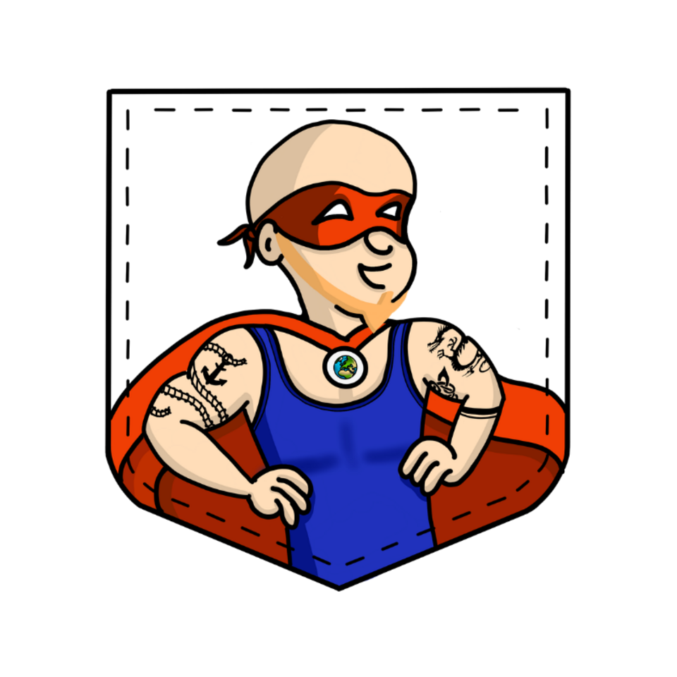 Comicfigur eines kräftigen jungen Mannes mit Glatze und Bartansatz. Er trägt ein blaues Tanktop, rote Armbänder, Tattoos an den Armen, ein Cape, eine rote Augenmaske und ein Medaillon.
