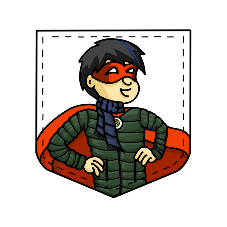 Comicfigur eines Jugendlichen mit dunklen Haaren und blauer Strähne. Er trägt eine grüne Jacke und einen Schal, eine rote Augenmaske, ein Cape und ein Medaillon.