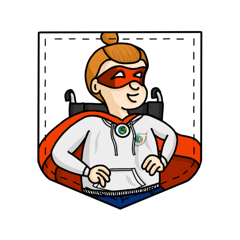 Comicfigur eines Jungen mit langen, blonden Haaren, die er in einem Dutt trägt. Er hat einen weißen JRK-Hoodie an und trägt eine rote Augenmaske, ein Held:innen Cape und ein Medaillon. Er sitzt im Rollstuhl.